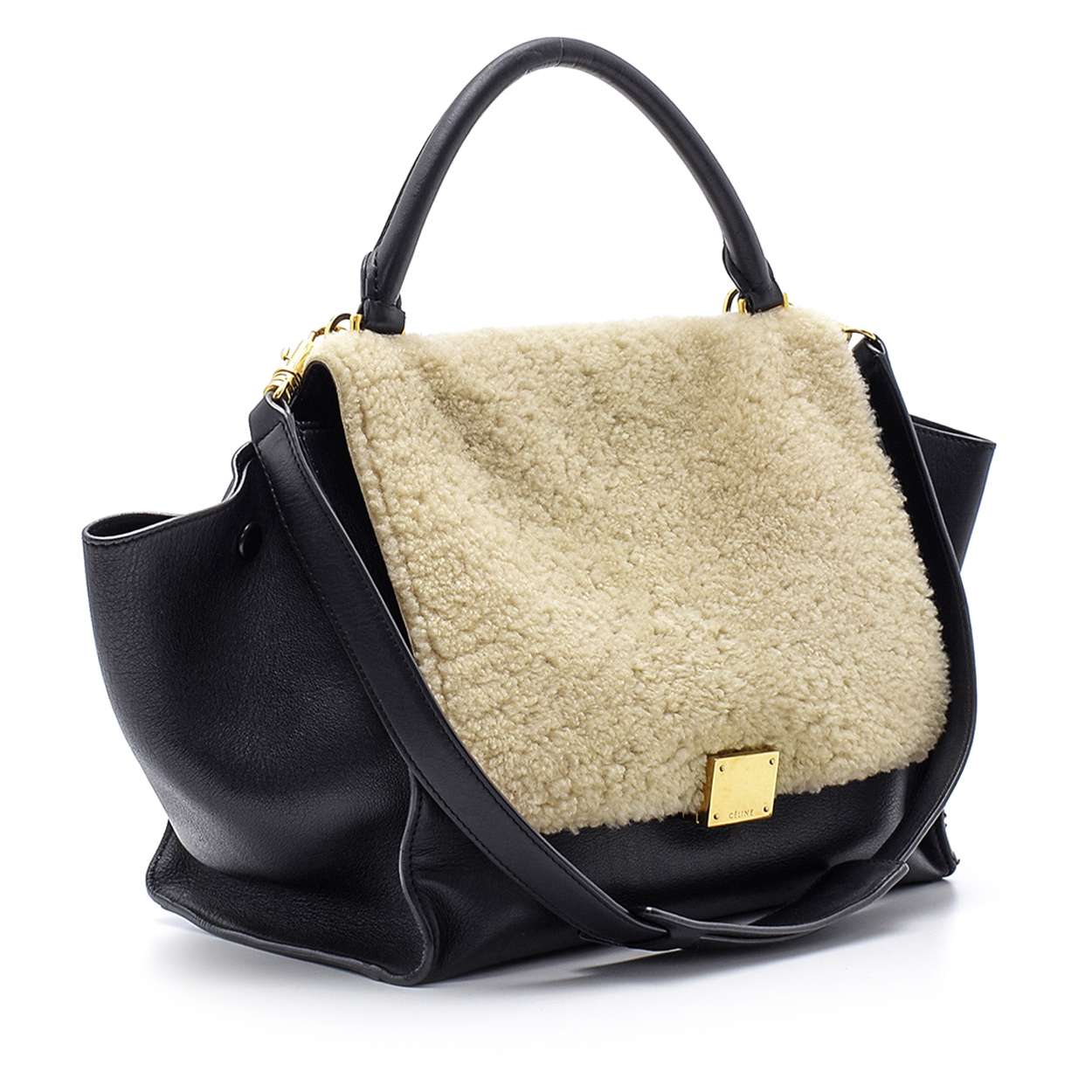 Celine -  Black Leather And Shearling Trapeze Medium Bag 